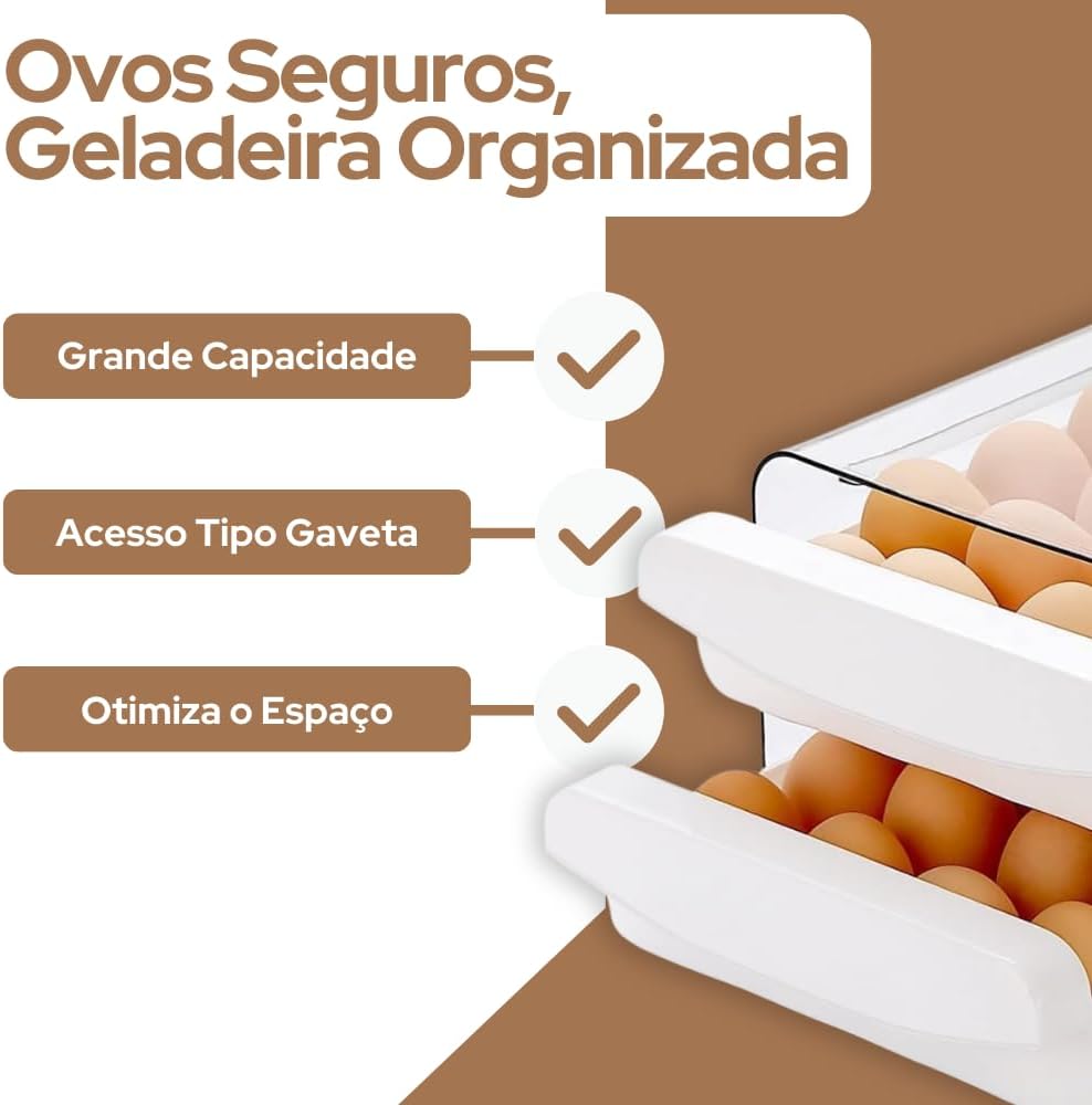 Porta Ovos Organizador 32 Unidades para Geladeira, Casa e Cozinha – Caixa Acrílica Transparente 2 Andares, Empilhável, BPA Free, Ovos Frescos e Organizados | Premium InoVibes