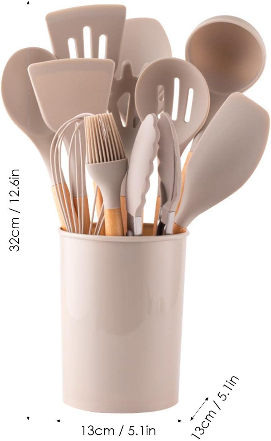 Kit 12 Utensílios de Cozinha em Silicone Cabo Madeira Conjunto Jogo Completo Espátula Concha Colher Resistente Alta Temperatura Premium