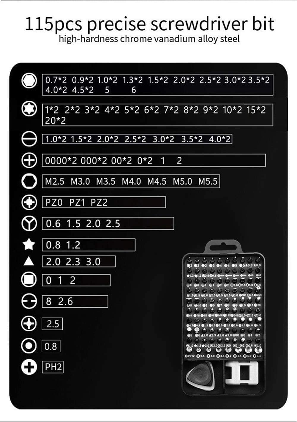 Conjunto de Chaves de Fenda de Precisão 115 em 1 Kit Ferramentas Reparo com Driver Magnético para Celular PC iPhone Notebook Console Óculos Câmera Bolsa Portátil Inclui 98 Bits Acessórios