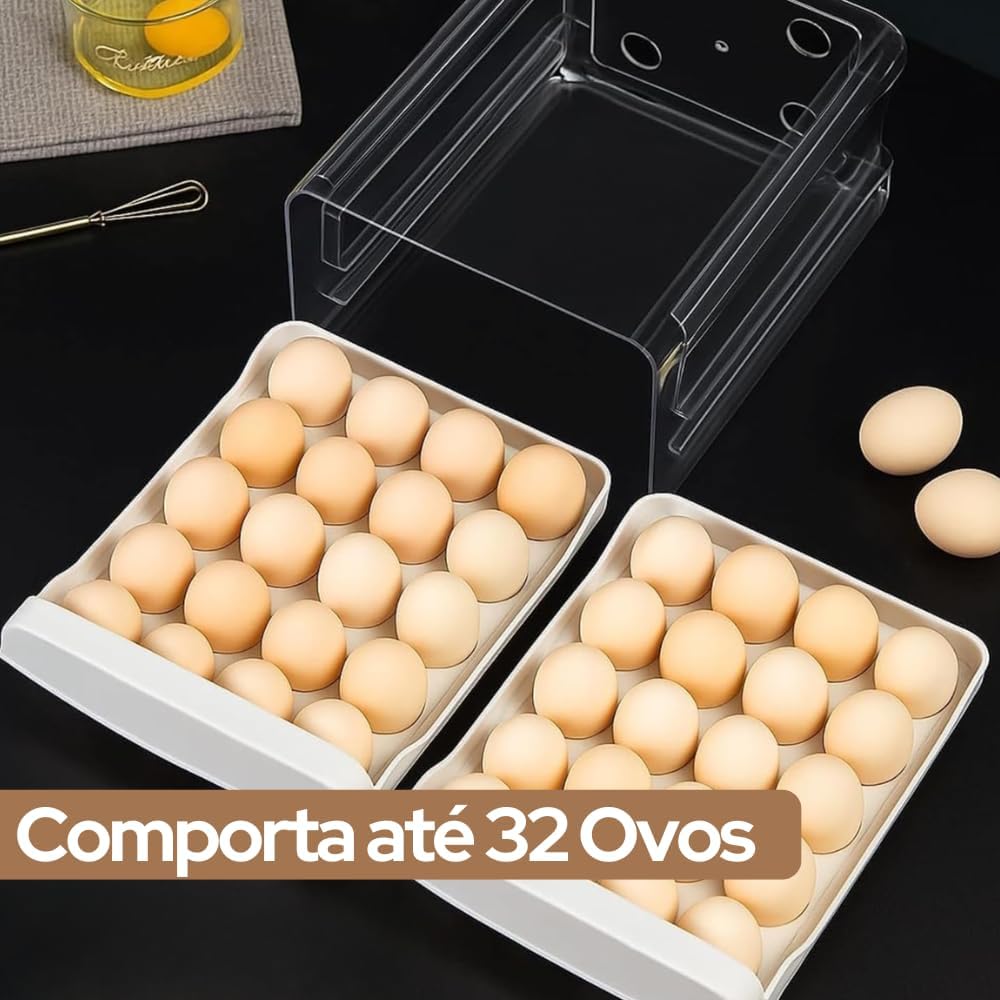 Porta Ovos Organizador 32 Unidades para Geladeira, Casa e Cozinha – Caixa Acrílica Transparente 2 Andares, Empilhável, BPA Free, Ovos Frescos e Organizados | Premium InoVibes