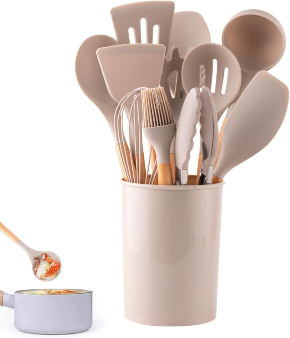 Kit 12 Utensílios de Cozinha em Silicone Cabo Madeira Conjunto Jogo Completo Espátula Concha Colher Resistente Alta Temperatura Premium