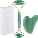 Rolo de jade para rosto, conjunto de pedras faciais naturais de jade, massageador de pele com ferramentas de raspagem Gua Sha
