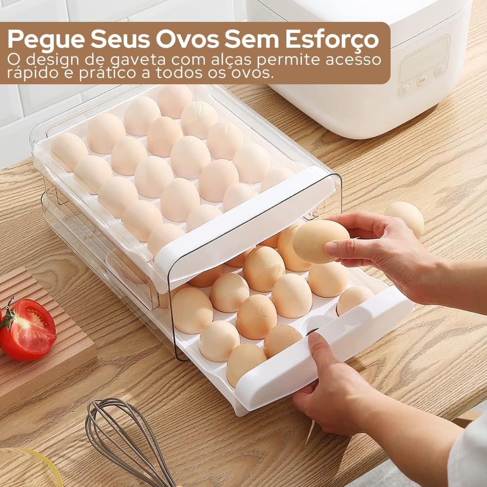 Porta Ovos Organizador 32 Unidades para Geladeira, Casa e Cozinha – Caixa Acrílica Transparente 2 Andares, Empilhável, BPA Free, Ovos Frescos e Organizados | Premium InoVibes