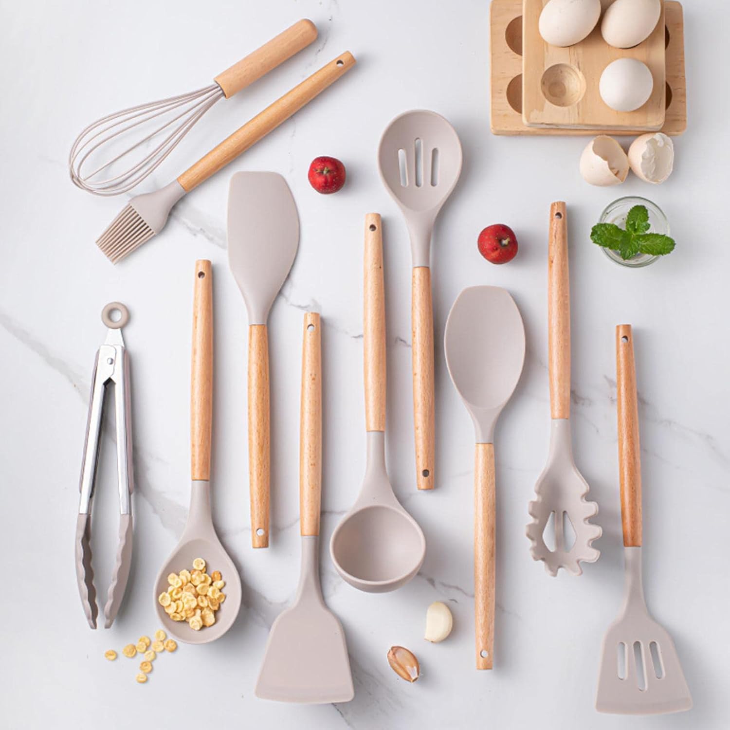 Kit 12 Utensílios de Cozinha em Silicone Cabo Madeira Conjunto Jogo Completo Espátula Concha Colher Resistente Alta Temperatura Premium
