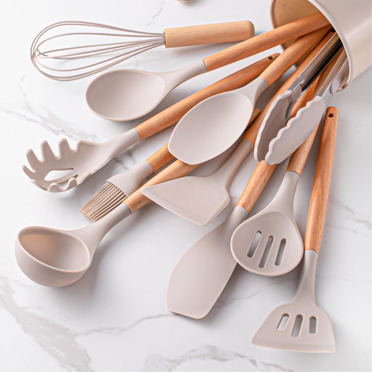 Kit 12 Utensílios de Cozinha em Silicone Cabo Madeira Conjunto Jogo Completo Espátula Concha Colher Resistente Alta Temperatura Premium