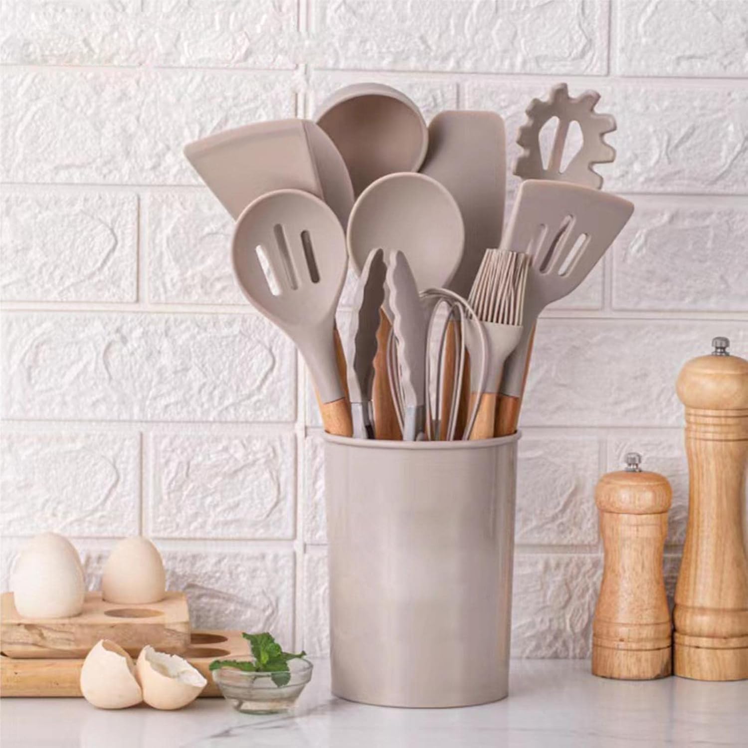 Kit 12 Utensílios de Cozinha em Silicone Cabo Madeira Conjunto Jogo Completo Espátula Concha Colher Resistente Alta Temperatura Premium